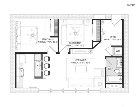 Floor plan for 2 beds, 1 bath, 863 sqft